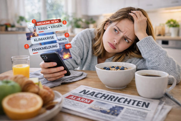 Eine junge Frau sitzt am Frühstückstisch und sieht überfordert aus, da auf sie viele schlechte Nachrichten zur Weltlage einprasseln.