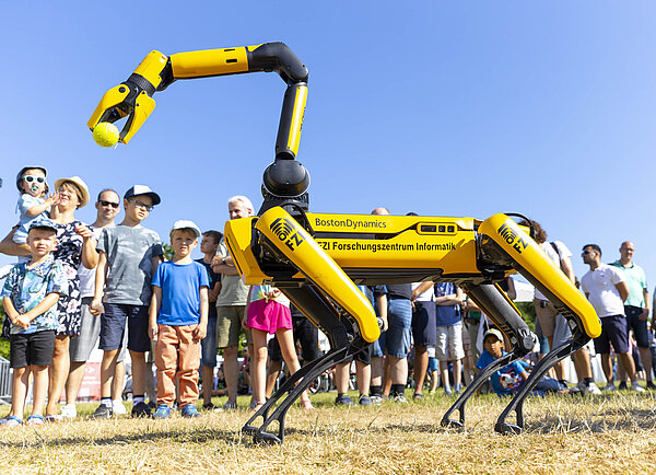 Menschen schauen bei Sonnenschein einem gelbschwarzen Roboter zu