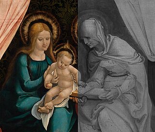 Historisches Gemälde mit Christuskind, Mutter mit Heiligenschein und einer Heiligen die dem Kind ein Buch hinhält, das es ergreift