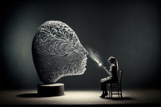 Vor grauem Hintergrund sitzt eine Frau auf einem Stuhl und leuchtet mit ihrer Taschenlampe eine große Skulptur eines Kopfes aus Drähten an. Die Lampe ist eine Lichtquelle, eine Studioleuchte von oben die zweite.